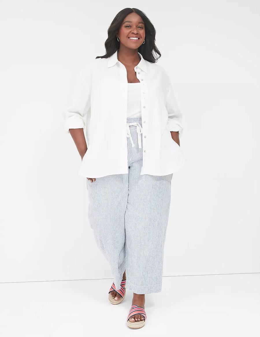 Women Lane Bryant Relaxed Linen Button-Down Shirts White | FXH3173WZ