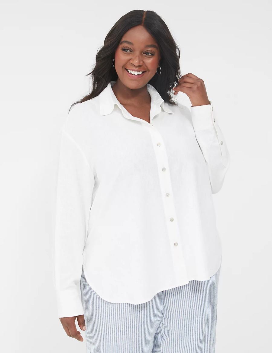 Women Lane Bryant Relaxed Linen Button-Down Shirts White | FXH3173WZ