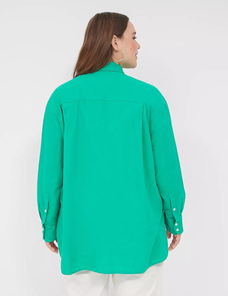 Women Lane Bryant Relaxed Linen Button-Down Shirts Turquoise | XMS4142AX