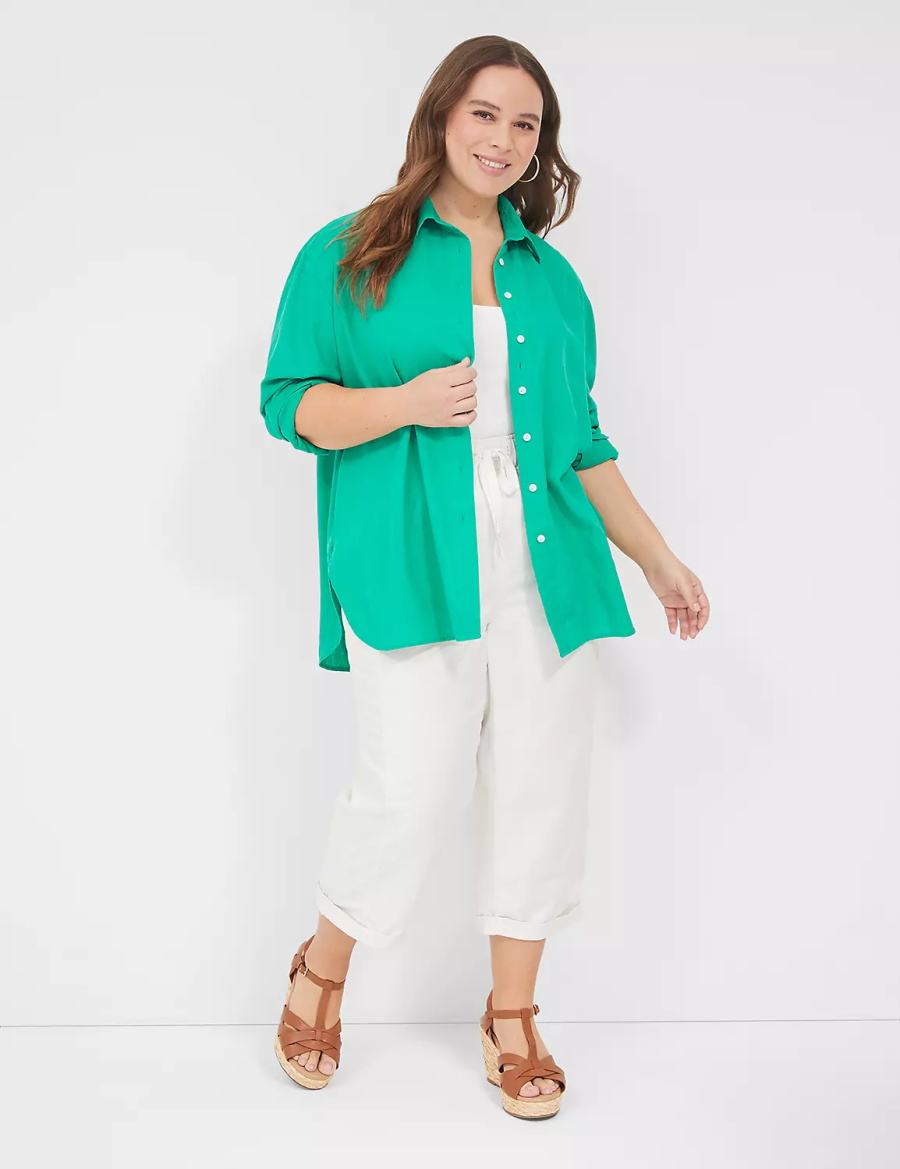 Women Lane Bryant Relaxed Linen Button-Down Shirts Turquoise | XMS4142AX