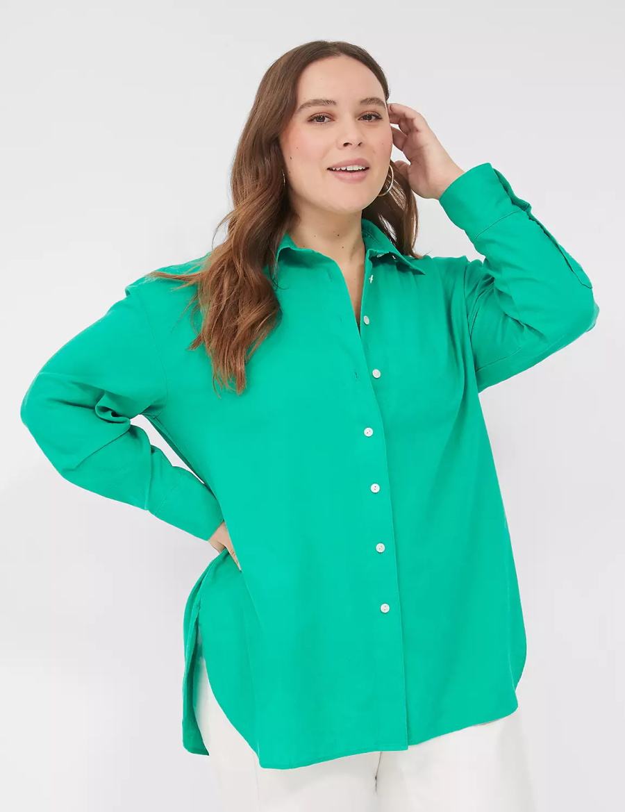 Women Lane Bryant Relaxed Linen Button-Down Shirts Turquoise | XMS4142AX