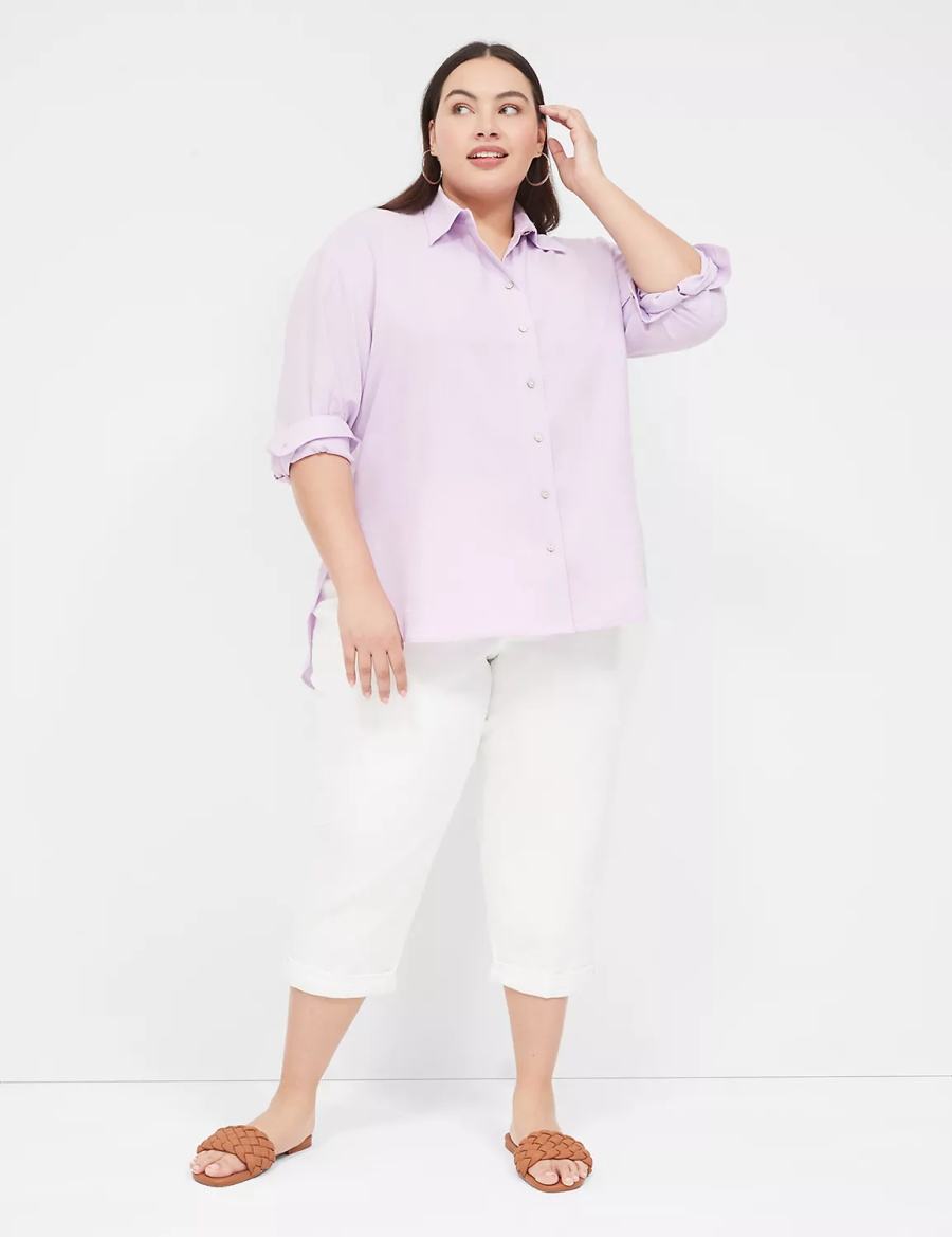 Women Lane Bryant Relaxed Linen Button-Down Shirts Purple | PXV5438RL