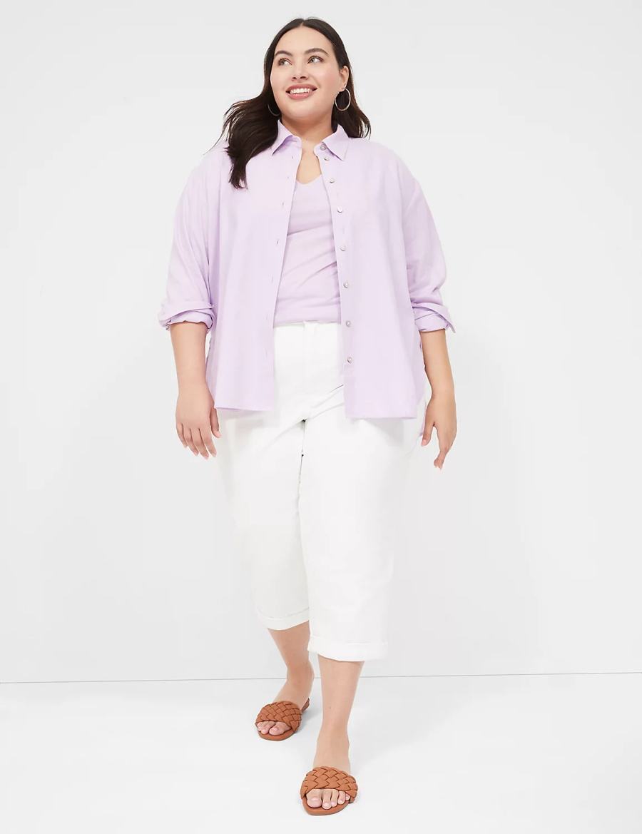 Women Lane Bryant Relaxed Linen Button-Down Shirts Purple | PXV5438RL