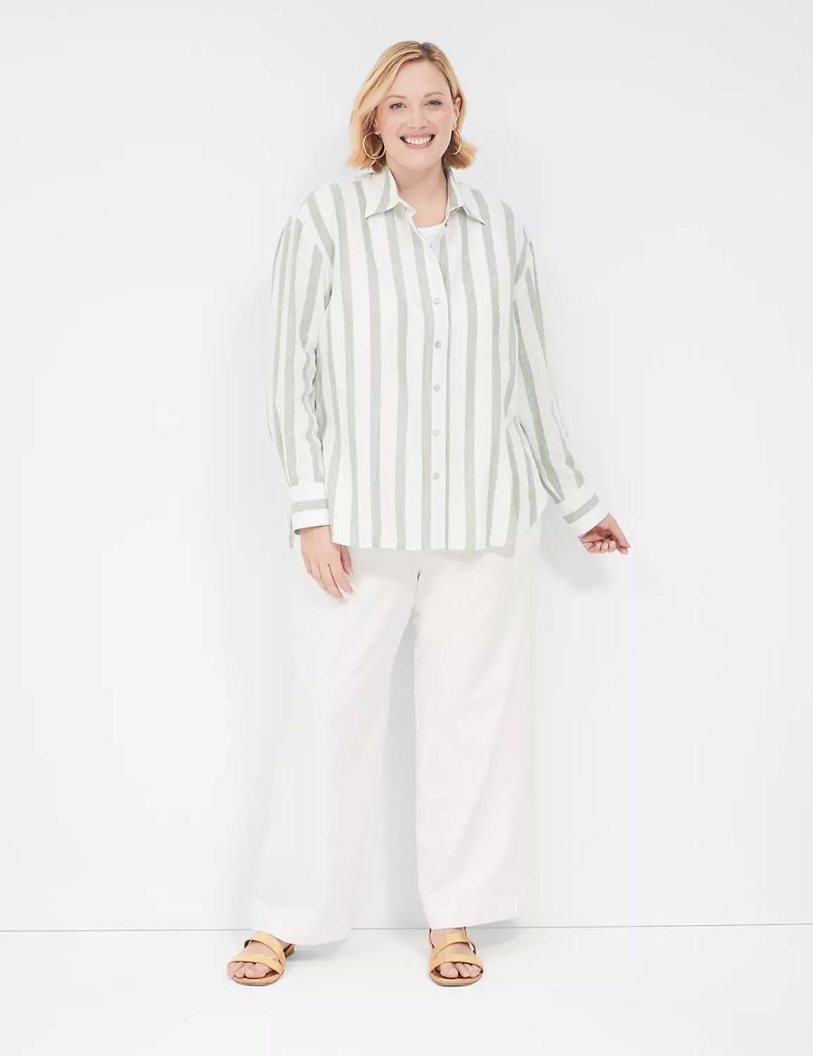 Women Lane Bryant Relaxed Linen Button-Down Shirts Olive Stripes | RMU212AH