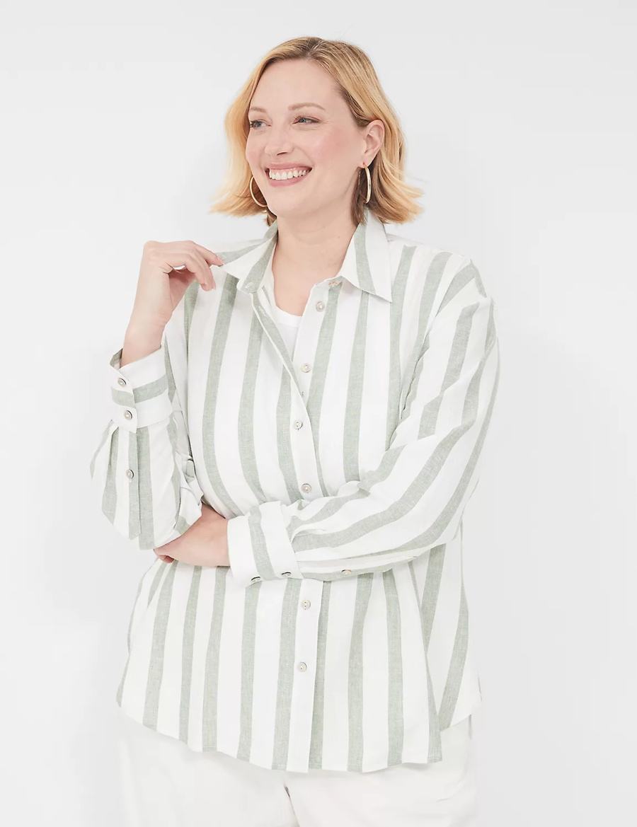 Women Lane Bryant Relaxed Linen Button-Down Shirts Olive Stripes | RMU212AH