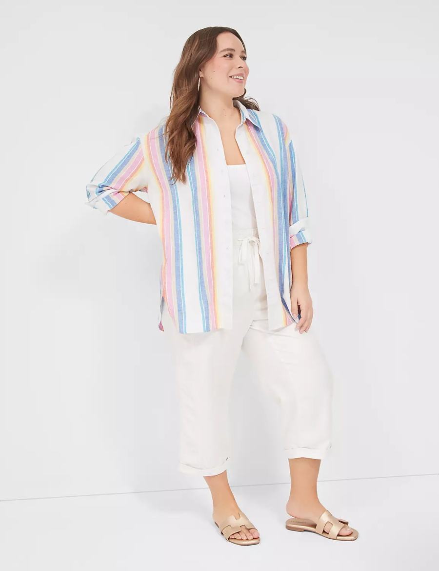 Women Lane Bryant Relaxed Linen Button-Down Shirts White Multicolor Stripes | OZT5947ZK