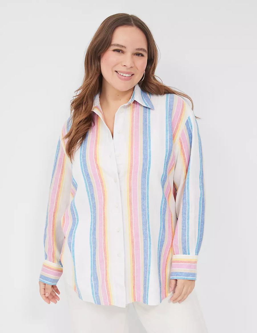 Women Lane Bryant Relaxed Linen Button-Down Shirts White Multicolor Stripes | OZT5947ZK