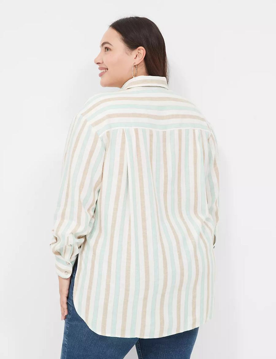 Women Lane Bryant Relaxed Linen Button-Down Shirts White Multicolor Stripes | JJT6230CL