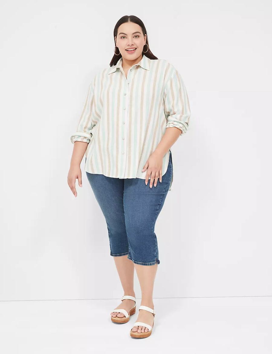 Women Lane Bryant Relaxed Linen Button-Down Shirts White Multicolor Stripes | JJT6230CL