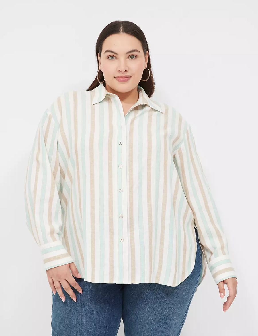 Women Lane Bryant Relaxed Linen Button-Down Shirts White Multicolor Stripes | JJT6230CL