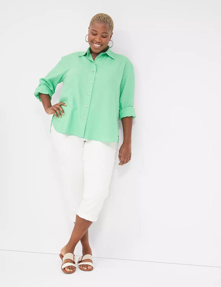 Women Lane Bryant Relaxed Linen Button-Down Shirts Light Green | RXV2488MI