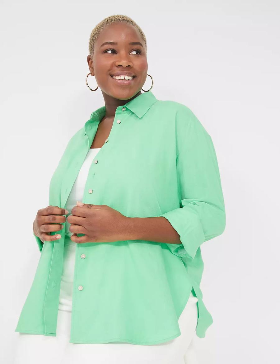 Women Lane Bryant Relaxed Linen Button-Down Shirts Light Green | RXV2488MI