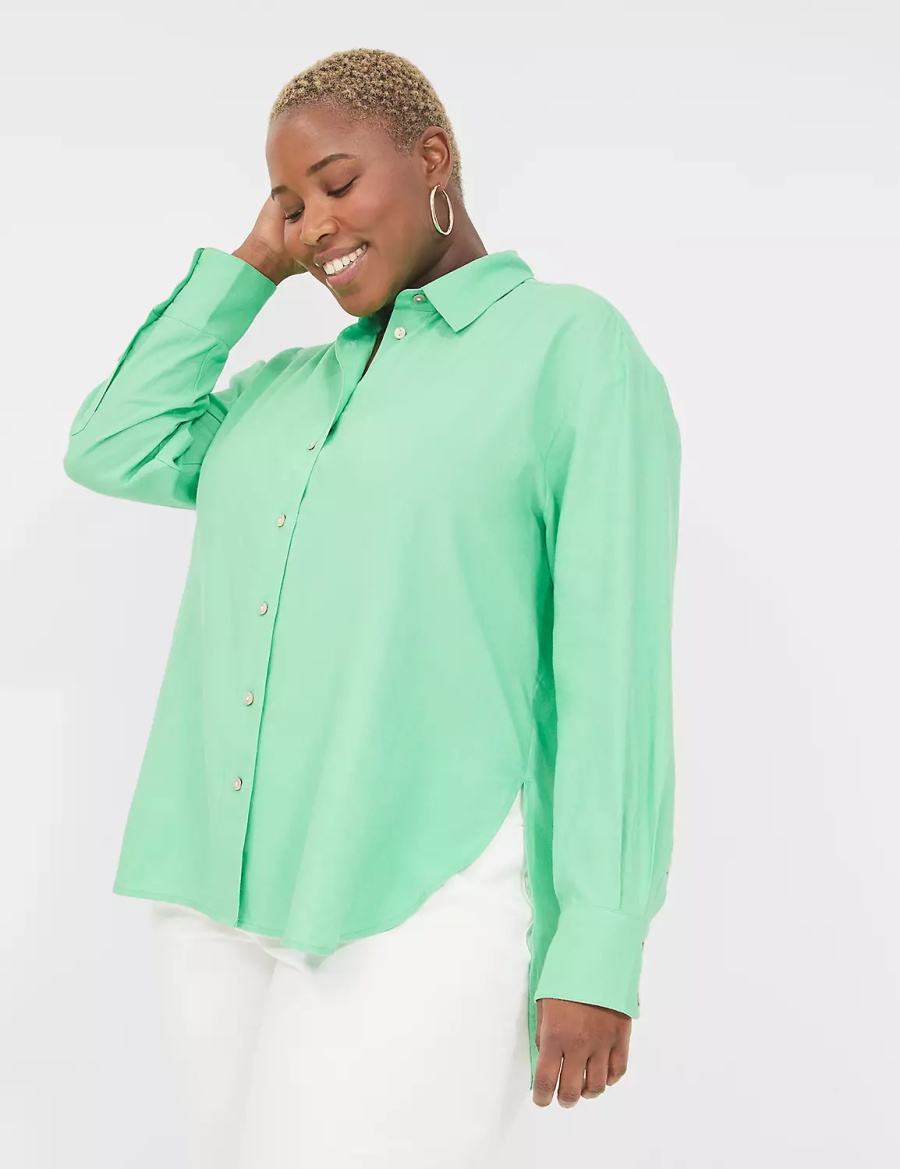 Women Lane Bryant Relaxed Linen Button-Down Shirts Light Green | RXV2488MI