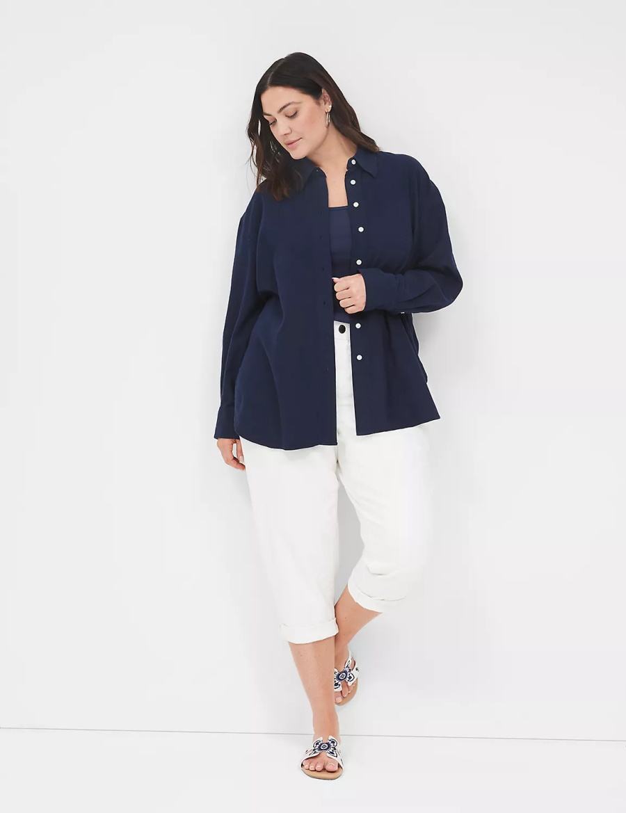 Women Lane Bryant Relaxed Linen Button-Down Shirts Blue | CMQ6283ZK