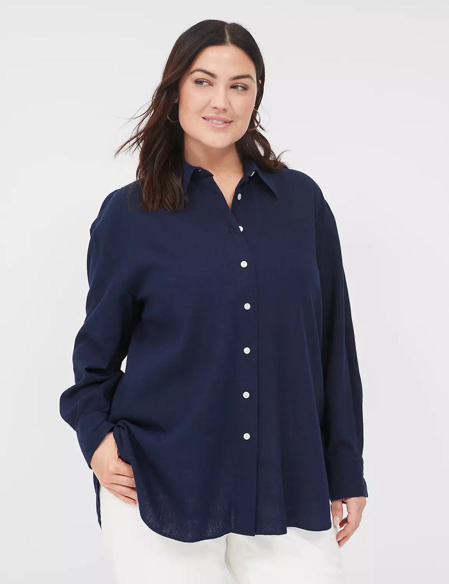 Women Lane Bryant Relaxed Linen Button-Down Shirts Blue | CMQ6283ZK