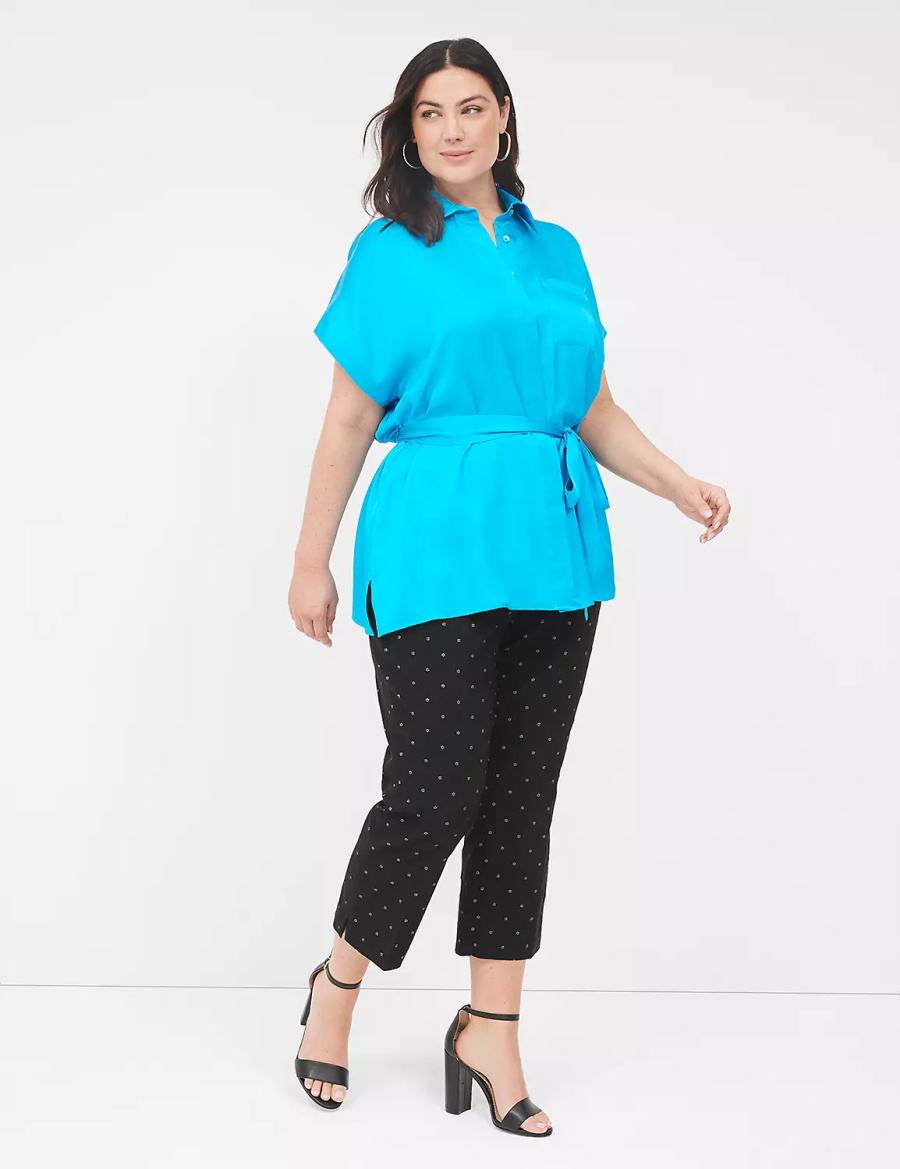 Women Lane Bryant Relaxed Satin Dolman-Sleeve Button-Front Tunic Shirts Blue | JWU2679JO