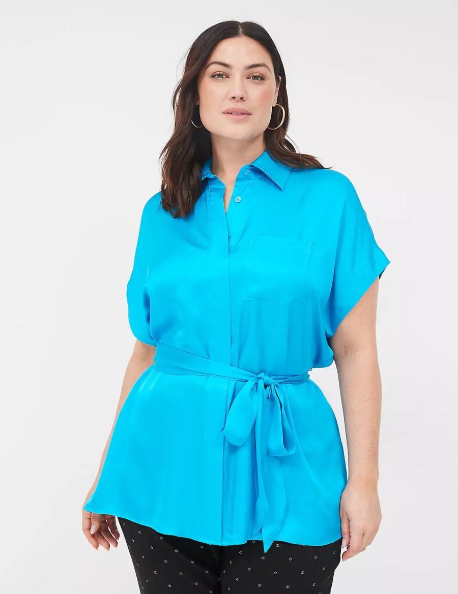 Women Lane Bryant Relaxed Satin Dolman-Sleeve Button-Front Tunic Shirts Blue | JWU2679JO