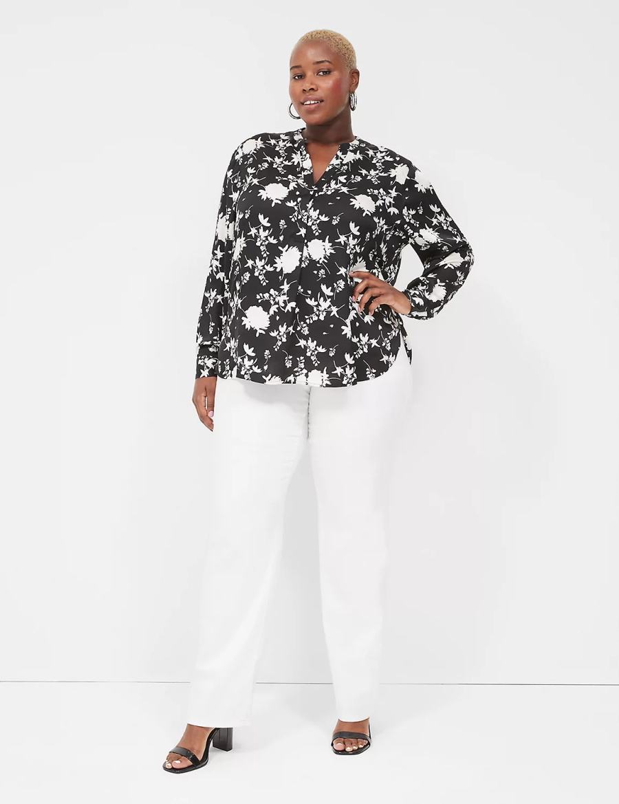 Women Lane Bryant Relaxed Satin Split-Neck Popover Shirts Black | WFZ2377VN