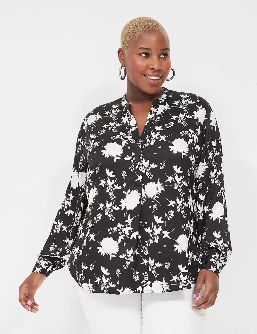 Women Lane Bryant Relaxed Satin Split-Neck Popover Shirts Black | WFZ2377VN