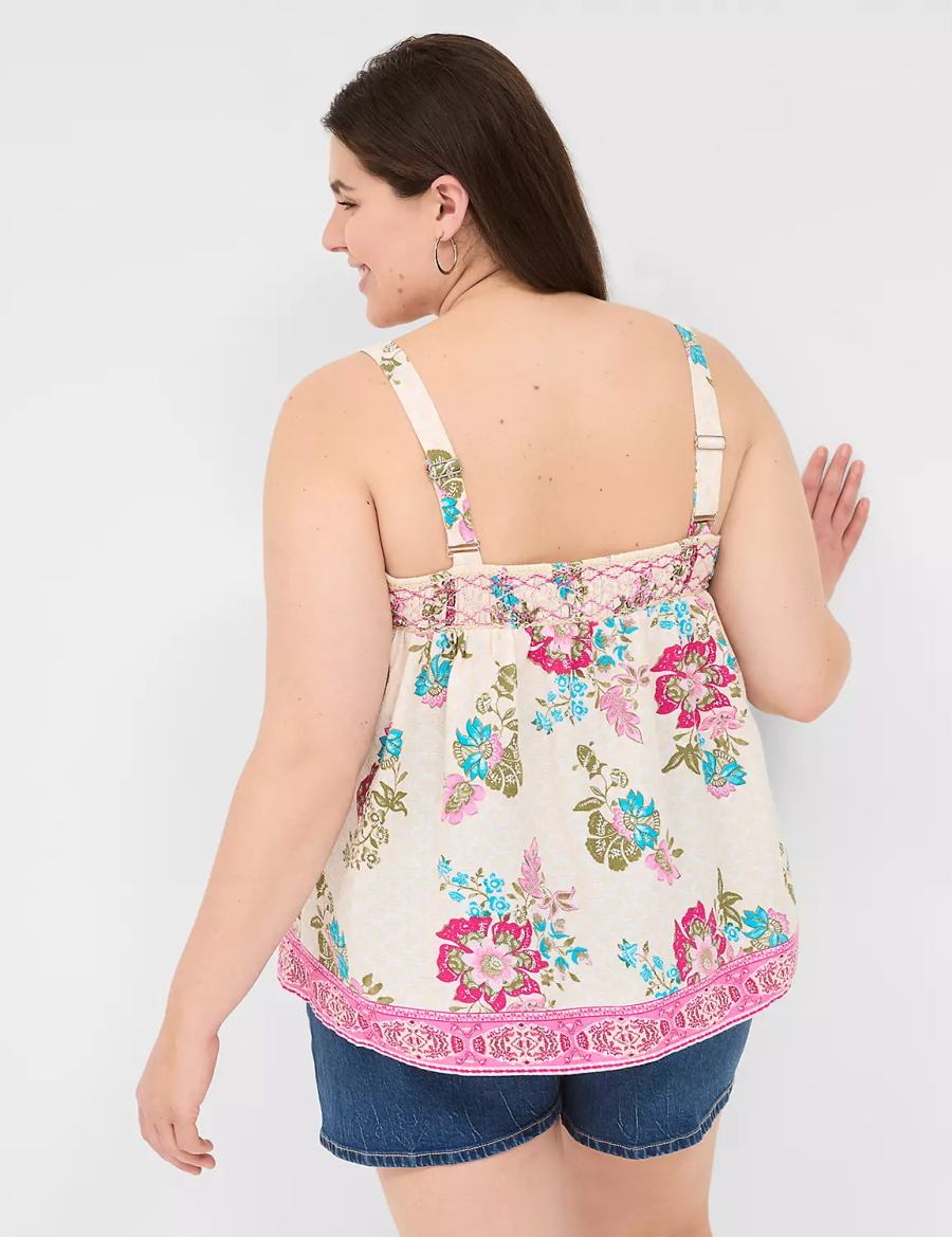 Women Lane Bryant Relaxed Smocked Square-Neck Tank Top Pink Multicolor | URT497BL