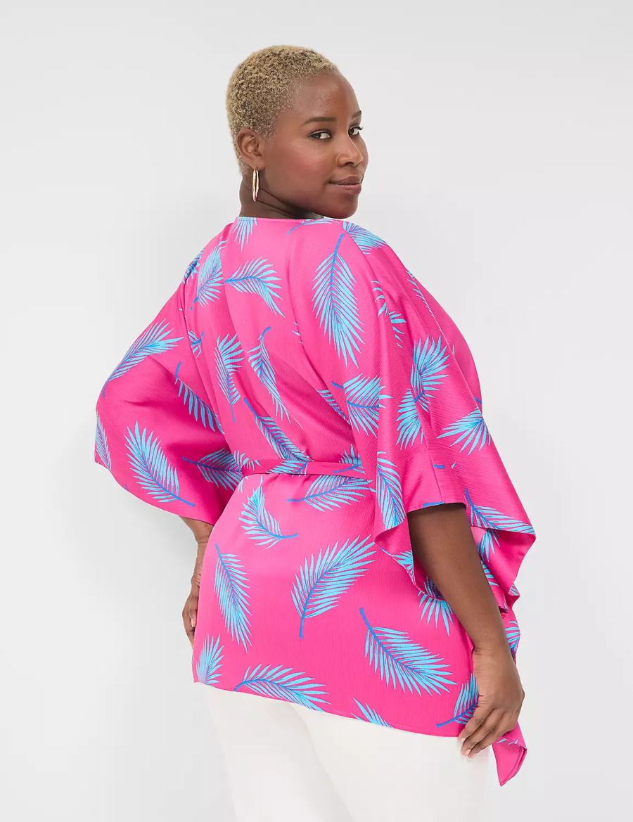 Women Lane Bryant Relaxed Split-Neck Kimono Top Blouse Pink Blue | OWY7639JX