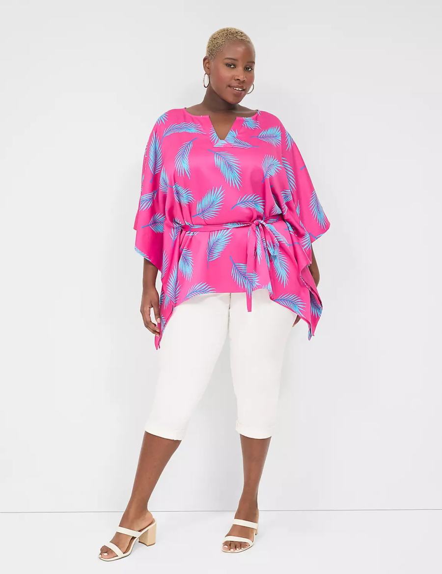 Women Lane Bryant Relaxed Split-Neck Kimono Top Blouse Pink Blue | OWY7639JX