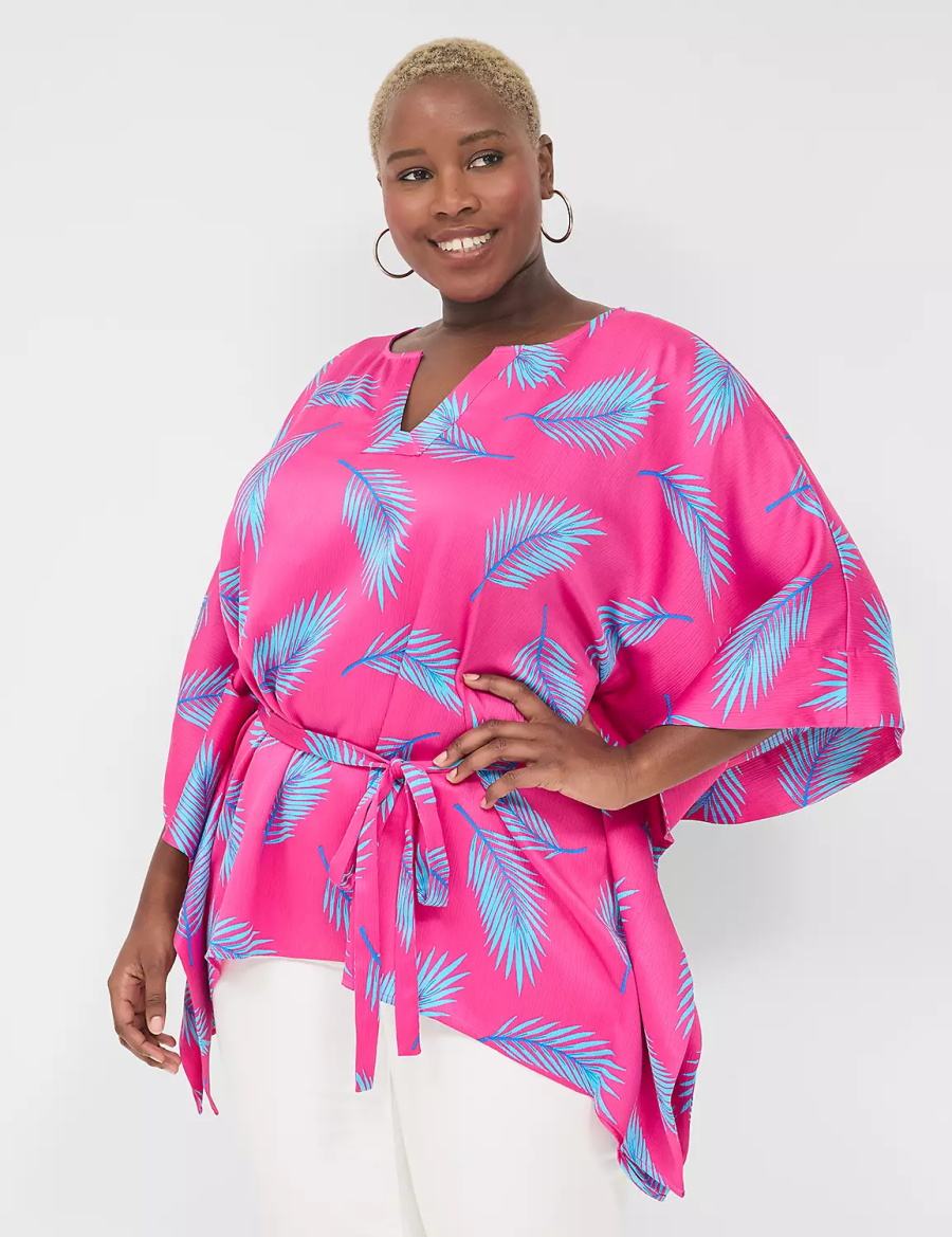 Women Lane Bryant Relaxed Split-Neck Kimono Top Blouse Pink Blue | OWY7639JX