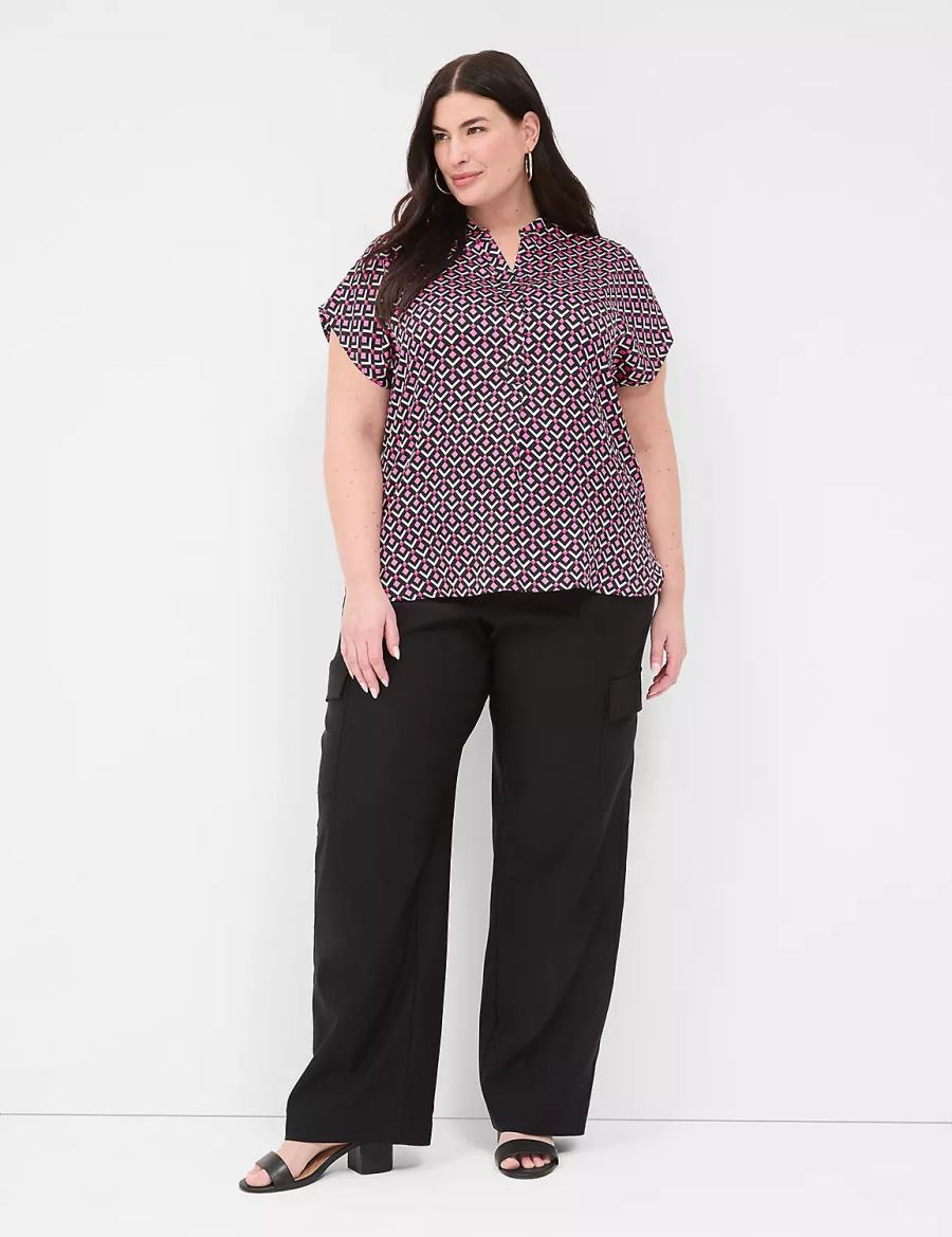 Women Lane Bryant Relaxed Split-Neck Popover Blouse Pink Black | ERN8220AU