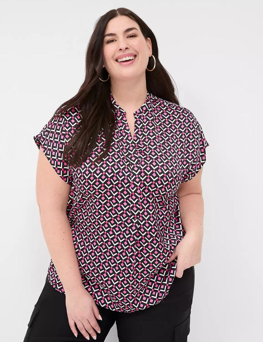 Women Lane Bryant Relaxed Split-Neck Popover Blouse Pink Black | ERN8220AU