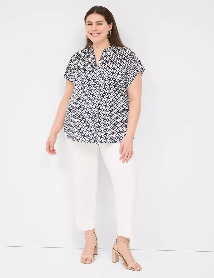 Women Lane Bryant Relaxed Split-Neck Popover Blouse Navy | OVA865DB