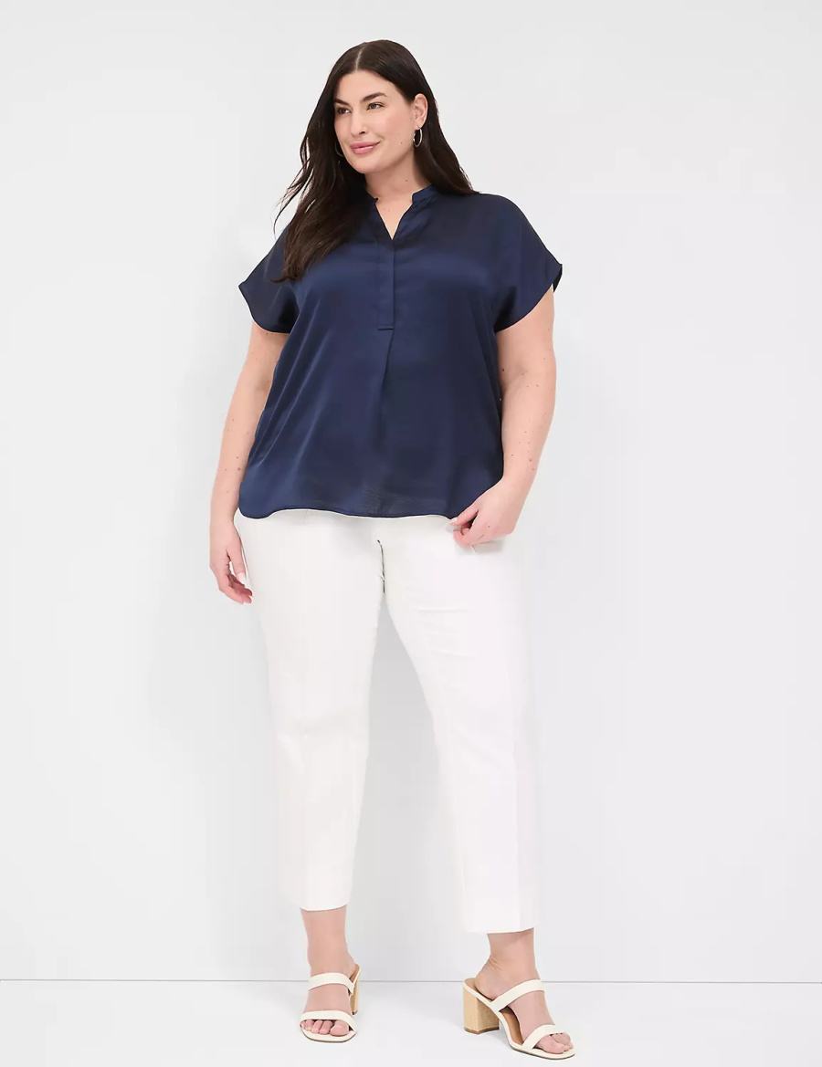 Women Lane Bryant Relaxed Split-Neck Popover Blouse Blue | BLK5070IF