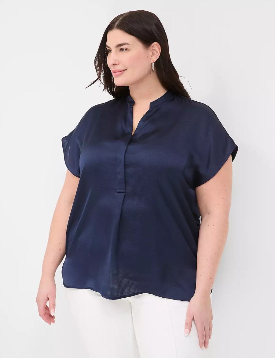 Women Lane Bryant Relaxed Split-Neck Popover Blouse Blue | BLK5070IF