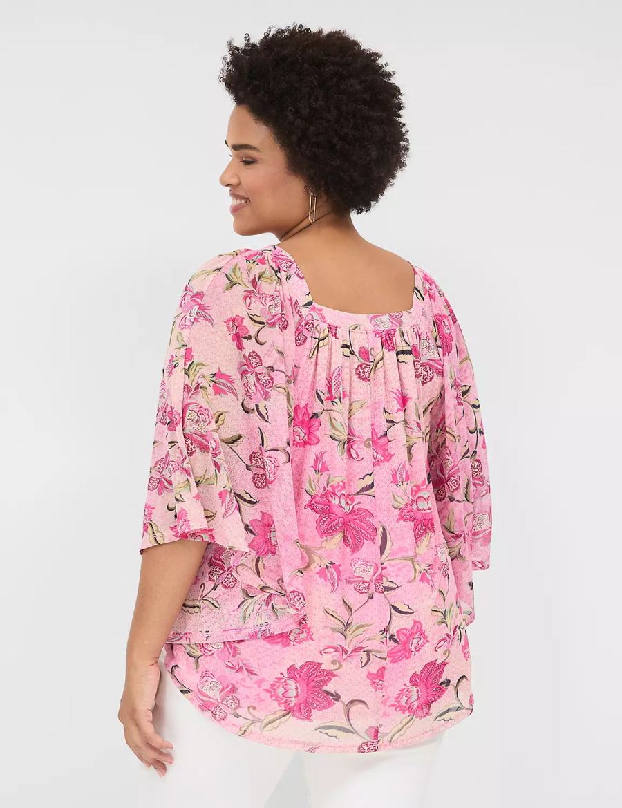 Women Lane Bryant Relaxed Square-Neck Trimmed Circle Drama Top Blouse Pink | EVR9578QQ