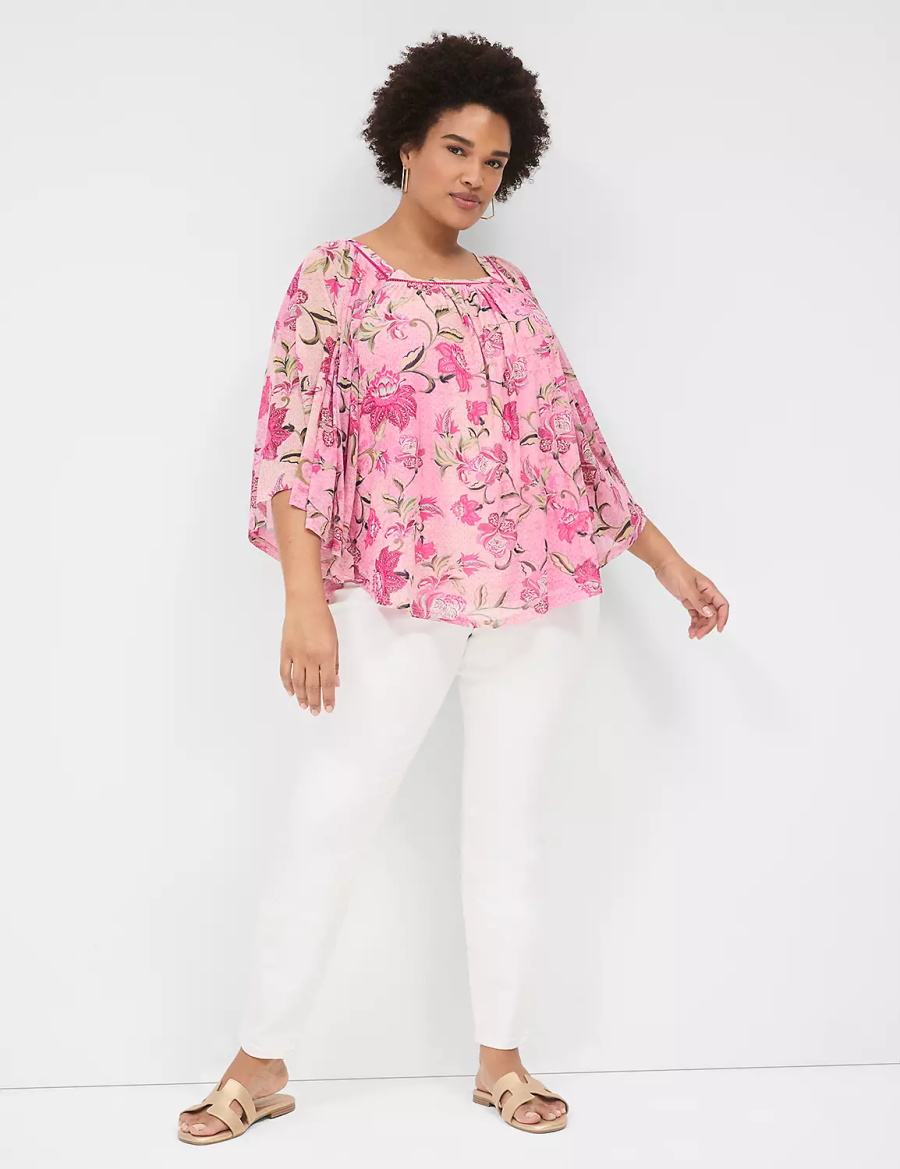 Women Lane Bryant Relaxed Square-Neck Trimmed Circle Drama Top Blouse Pink | EVR9578QQ