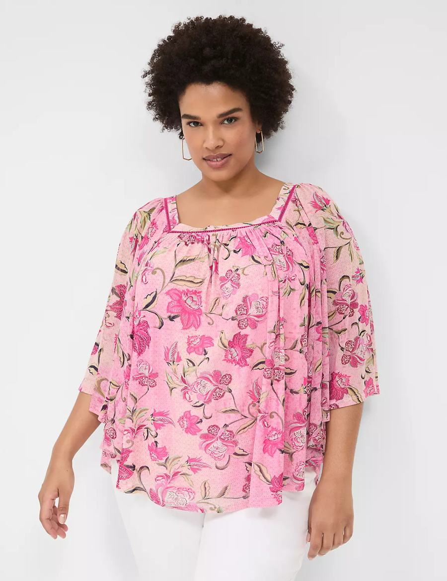 Women Lane Bryant Relaxed Square-Neck Trimmed Circle Drama Top Blouse Pink | EVR9578QQ