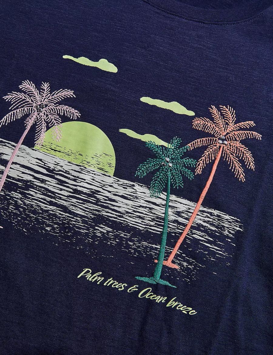 Women Lane Bryant Rhinestone Palm Trees & Ocean Breeze Graphic Tee T Shirts Blue | RZZ941WC