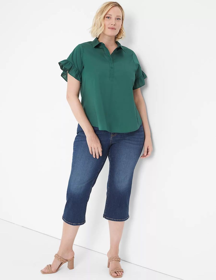 Women Lane Bryant Ruffle-Sleeve Button-Down Top T Shirts Green | SMX342BD