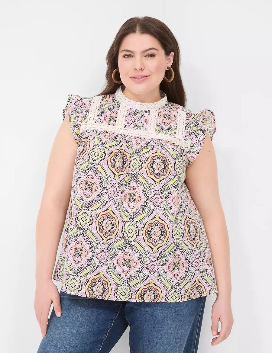 Women Lane Bryant Ruffle Cap-Sleeve Lace-Trim Top T Shirts Multicolor | NAO7056XB