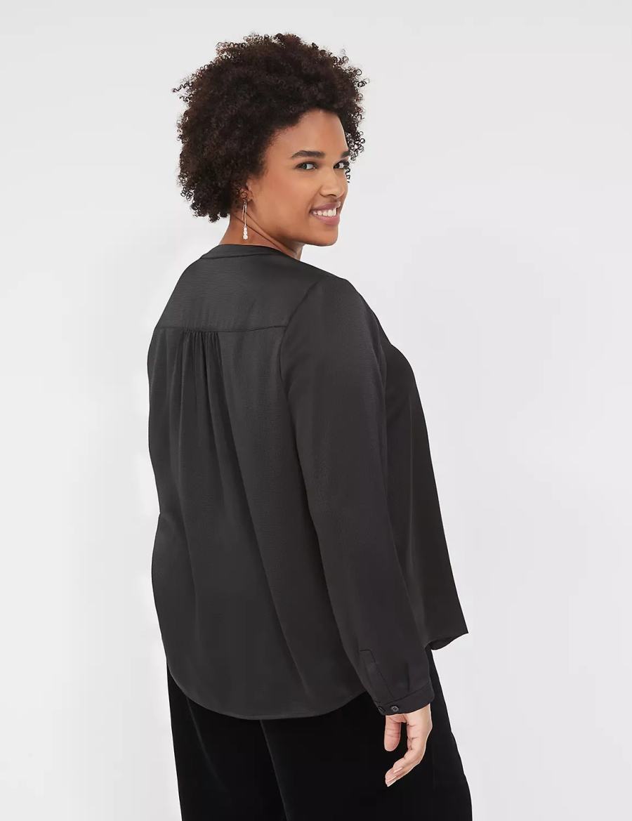 Women Lane Bryant Satin Banded-Neck Ruched-Shoulder Shirts Black | KWY4927QL