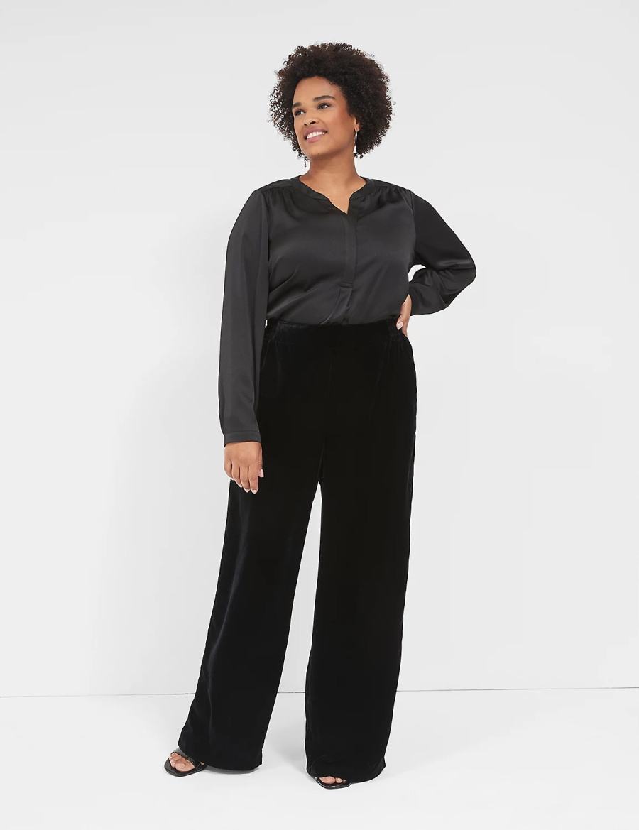 Women Lane Bryant Satin Banded-Neck Ruched-Shoulder Shirts Black | KWY4927QL