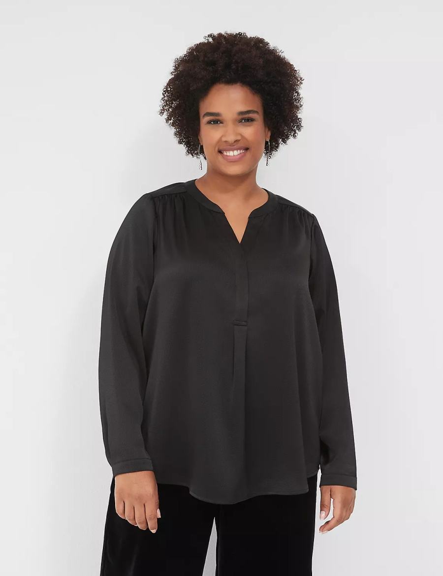 Women Lane Bryant Satin Banded-Neck Ruched-Shoulder Shirts Black | KWY4927QL