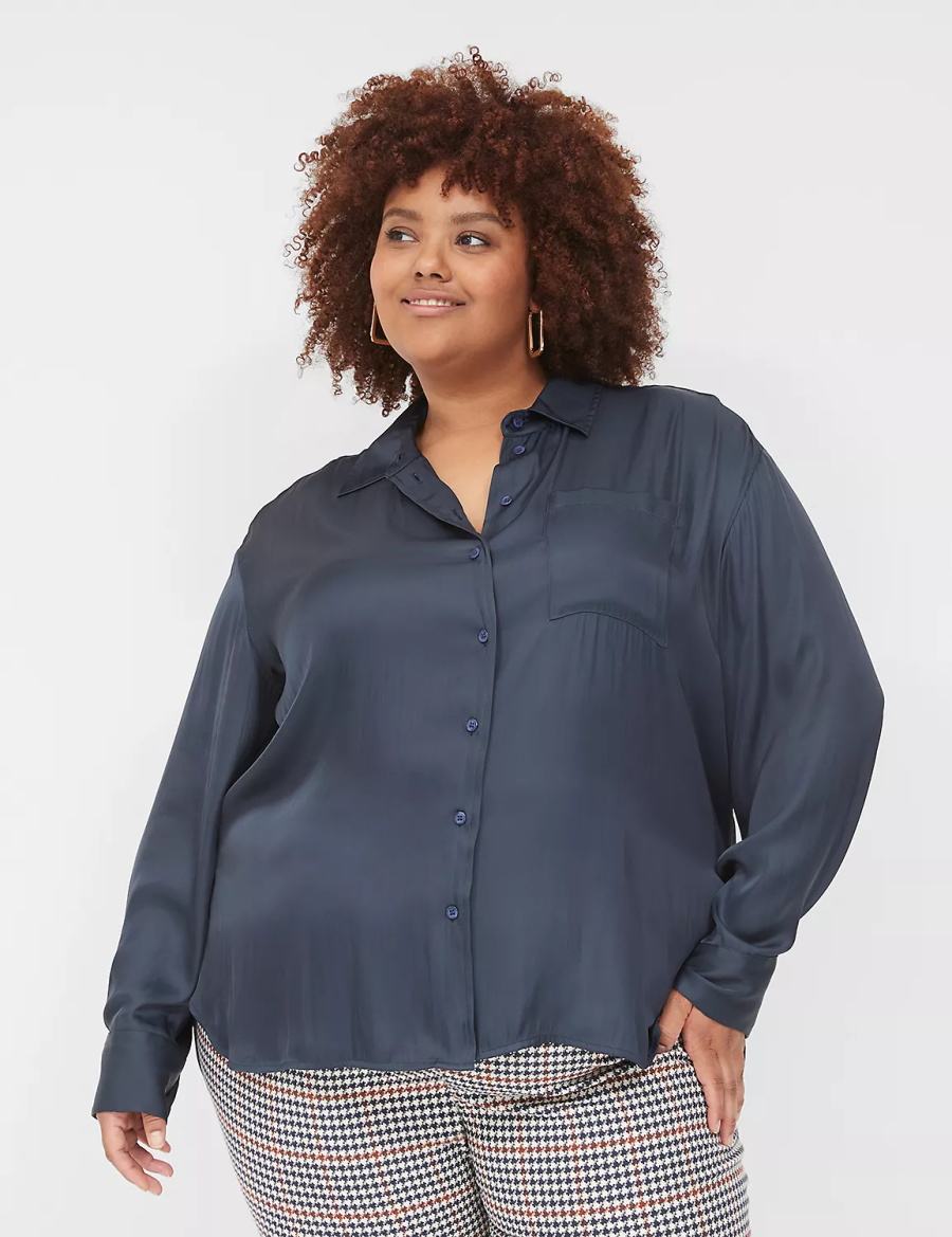 Women Lane Bryant Satin Button-Down Boyfriend Shirts Blue | HIL9148SX