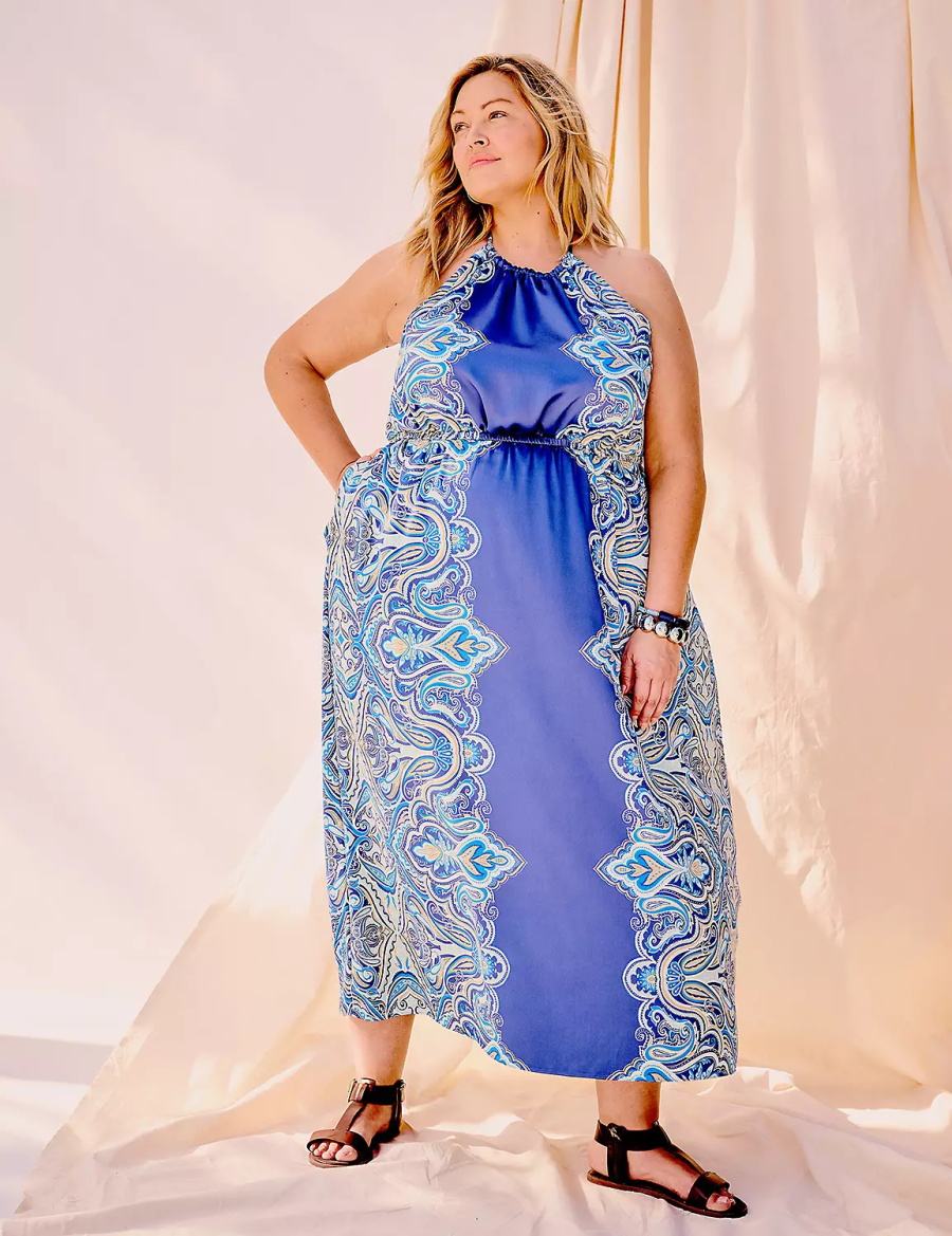 Women Lane Bryant Satin Halter-Neck Maxi Dress Blue | GJC935AB