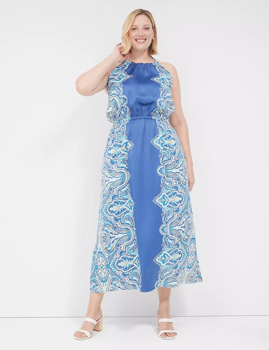 Women Lane Bryant Satin Halter-Neck Maxi Dress Blue | GJC935AB