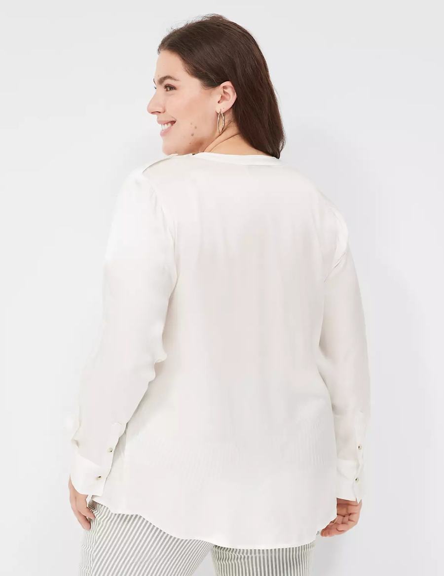 Women Lane Bryant Satin Long-Sleeve Button-Front Blouse White Rose | UEQ1360QP