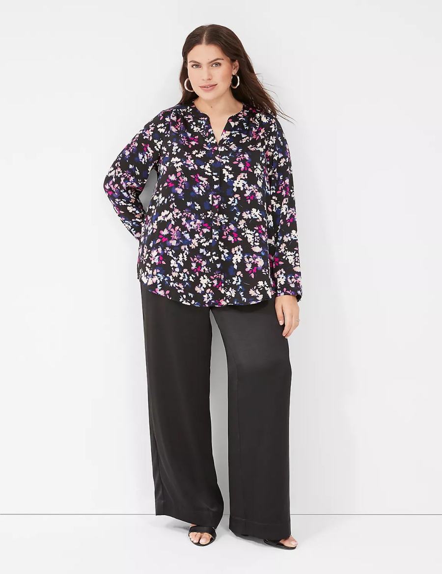 Women Lane Bryant Satin Ruched-Shoulder Blouse Black Multicolor | SRH3995MI