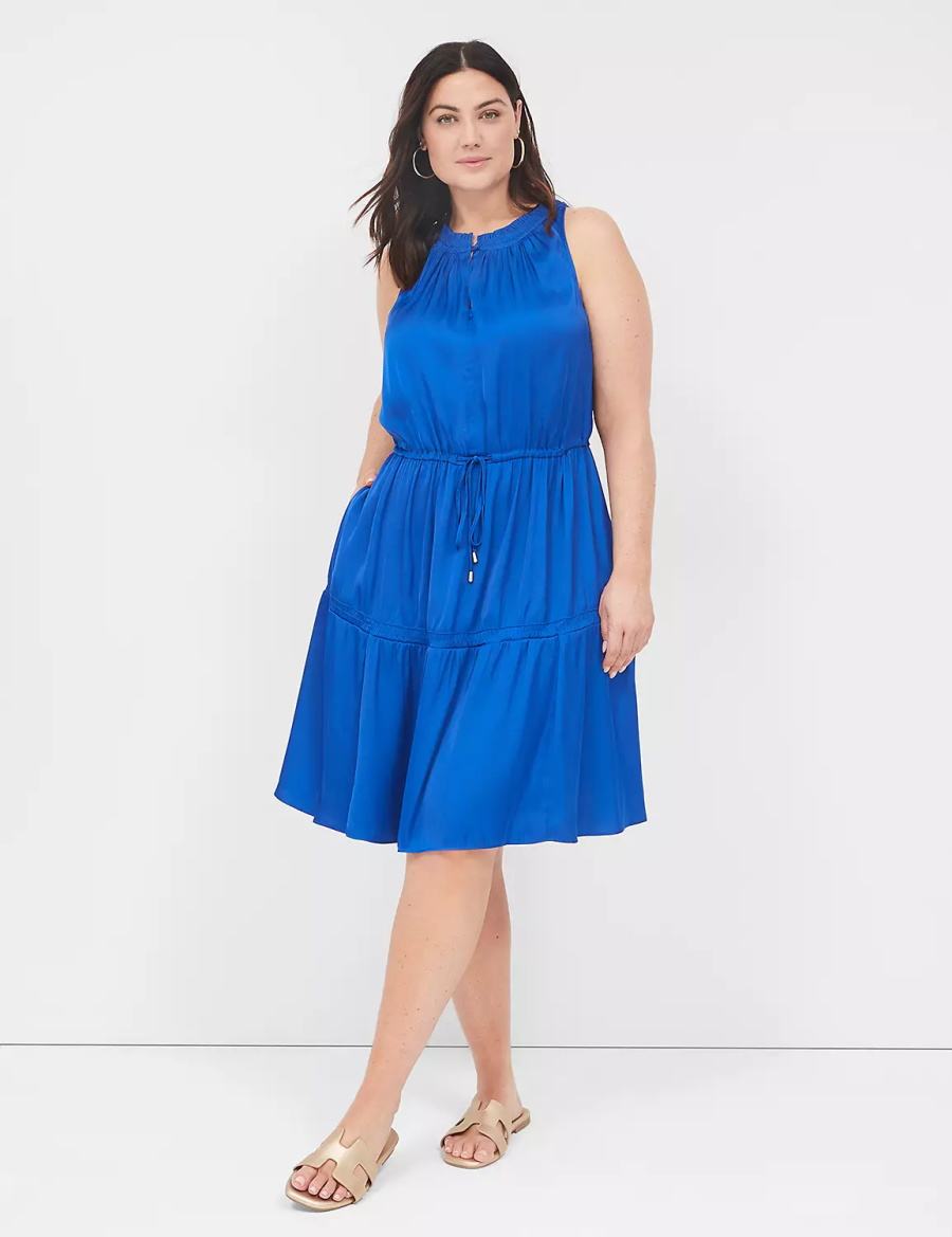 Women Lane Bryant Satin Smocked-Neck Tie-Waist Casual Dress Blue | JLG6198ES