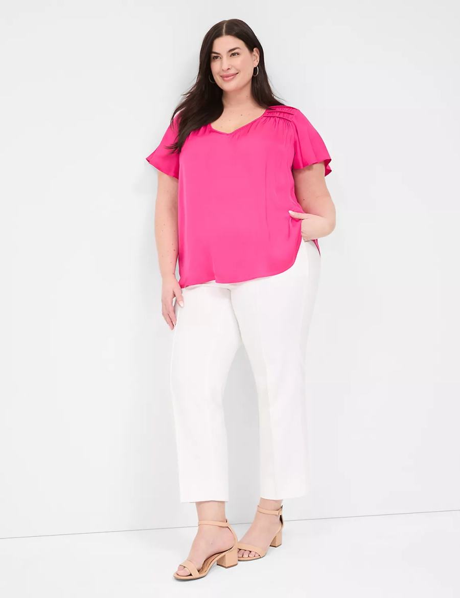 Women Lane Bryant Satin Smocked-Shoulder Blouse Pink | AGB6643JL