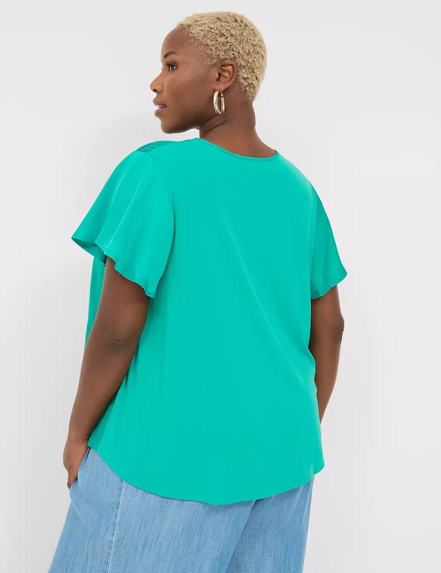 Women Lane Bryant Satin Smocked-Shoulder Blouse Light Turquoise | HUO7036AZ