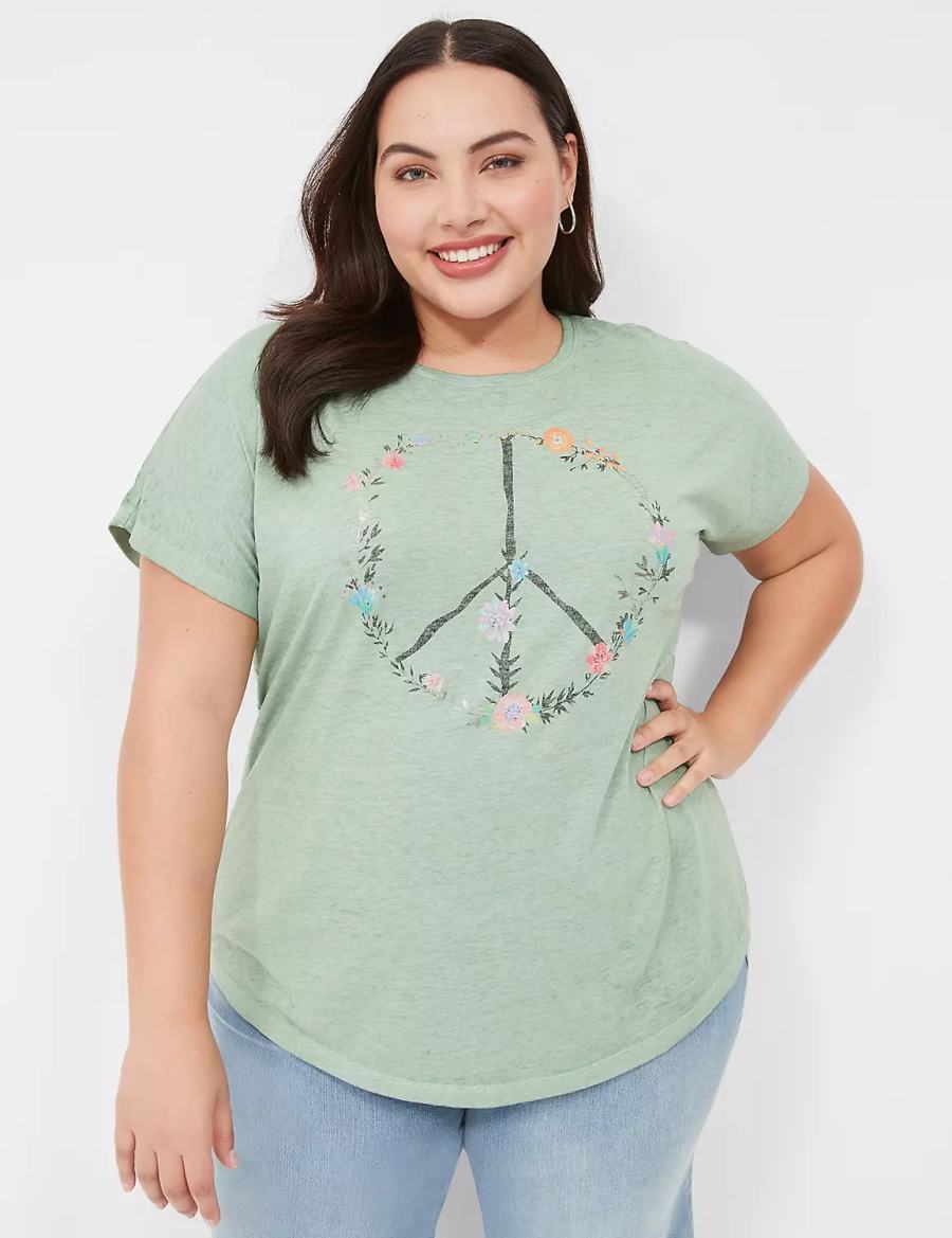 Women Lane Bryant Scoop-Neck Peace Flowers Graphic Tee T Shirts Light Green | TRD3493WZ